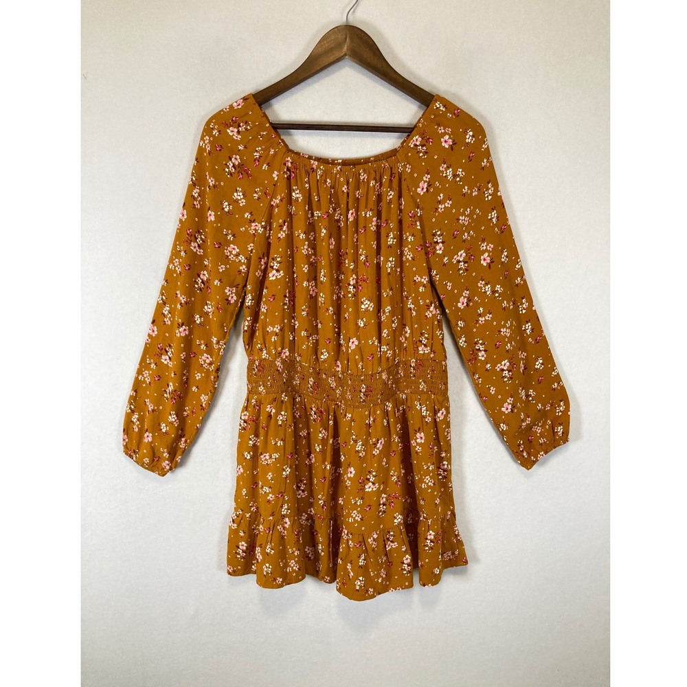 Boho Sugar & Jade Women XL Mustard Yellow Floral Smocked Waist Ruffle Mini Dress